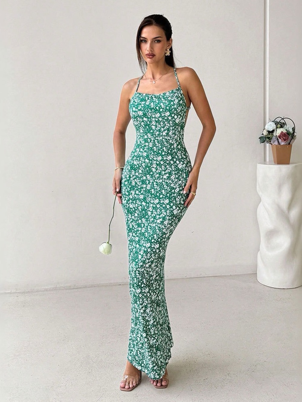 Floral Green Maxi Dress with Spaghetti Straps